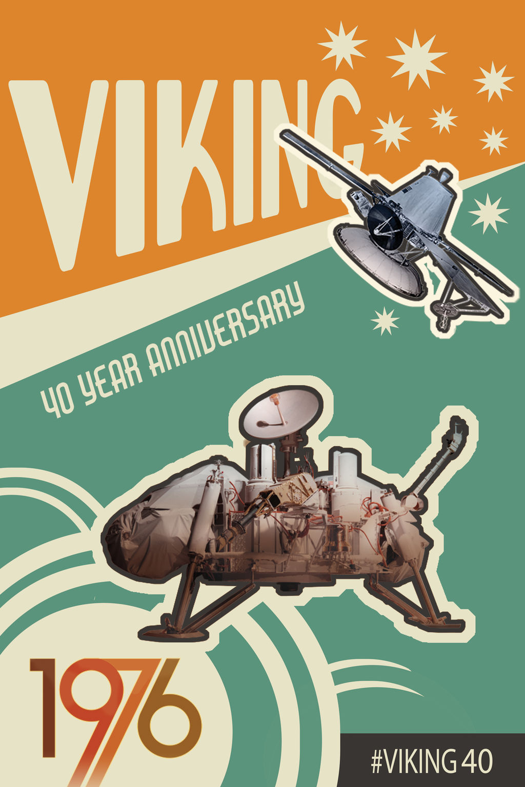  Anniversary artwork of NASA Viking 1 and Viking 2 Orbiters and Landers. Infographic text: Viking 40 Year Anniversary. 1976. #viking40 